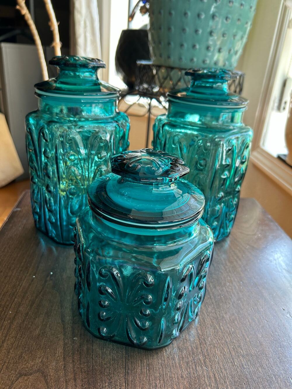 3 Vintage L.E. Smith teal blue glass Atterbury Scroll canisters w/ lids 7” 9”